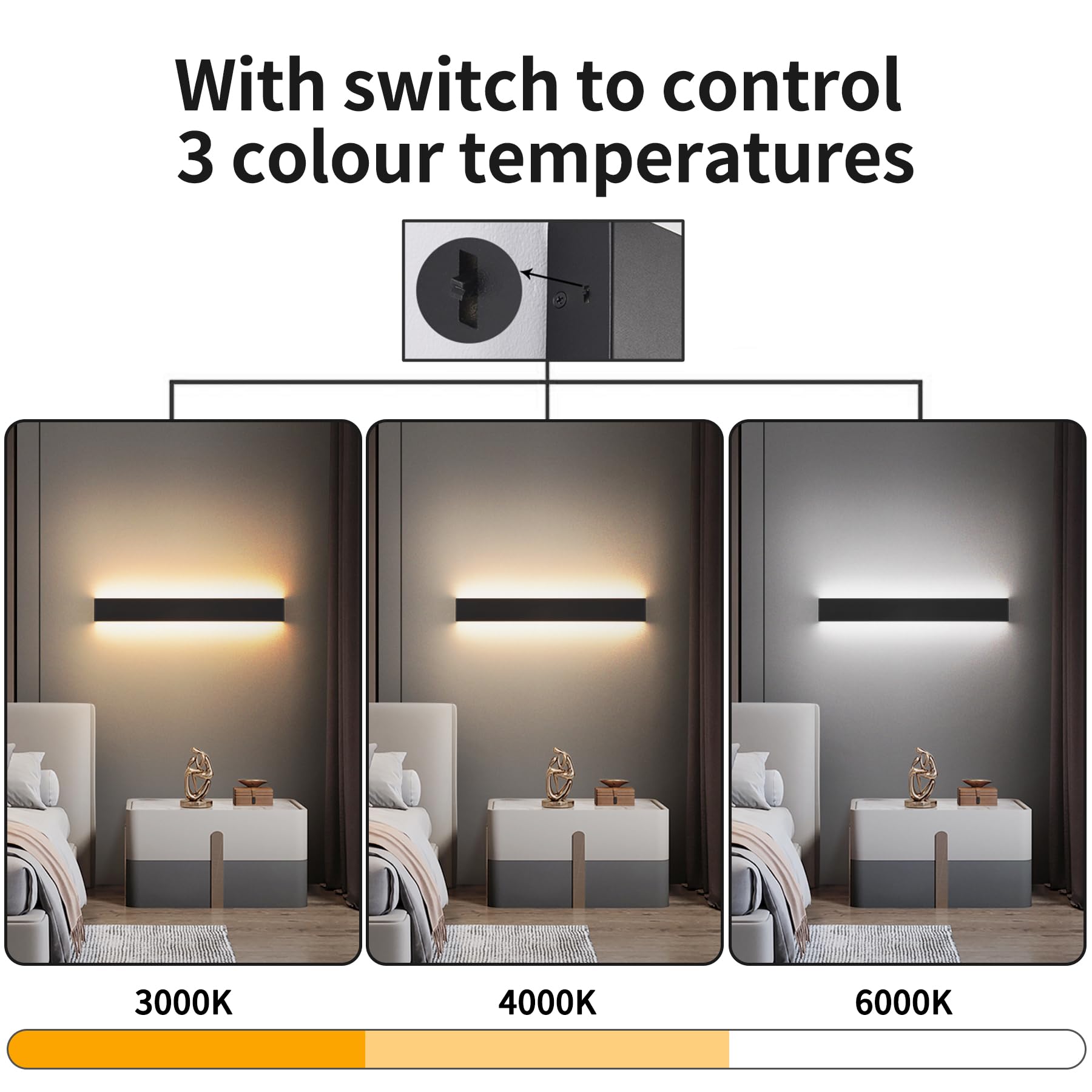 KUKAK LED Aplique pared Interior iluminación,20W 3000K/4000K/6000K Lampara de Pared,Moderno Apliques Pared,220V Luz Pared Aluminio para Salón Dormitorio Sala Pasillo Escalera,IP20 66CM Negro