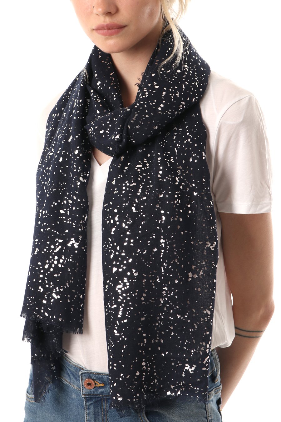 Style Slice Women's Navy Blue Scarf With Silver Sparkles Evening Star Sparkle Scarves For Lightweight Shawl Wedding Foil Print Scarf Wrap Stars And Moons 180 Cm X 80 Cm