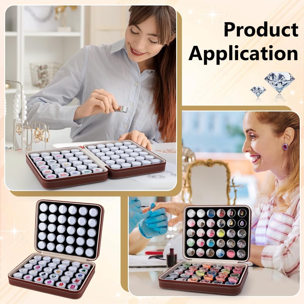 BENECREAT 10x8x2.7inch Leather Jewelry Storage Box Set, 60Pcs Plastic Round Boxes with White Foam Padding Multi-Compartment Organizer for Loose Diamonds, Necklace Clasps & Nail Art Decor