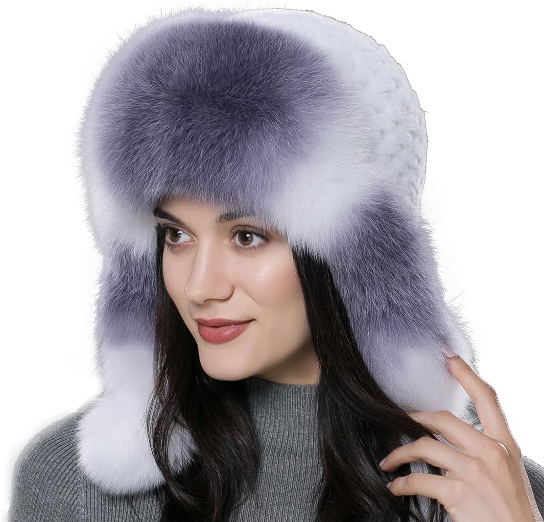 URSFUR Winter Fur Bomber Hat Rex Rabbit Fur Russian Cap with Fox Fur Trim
