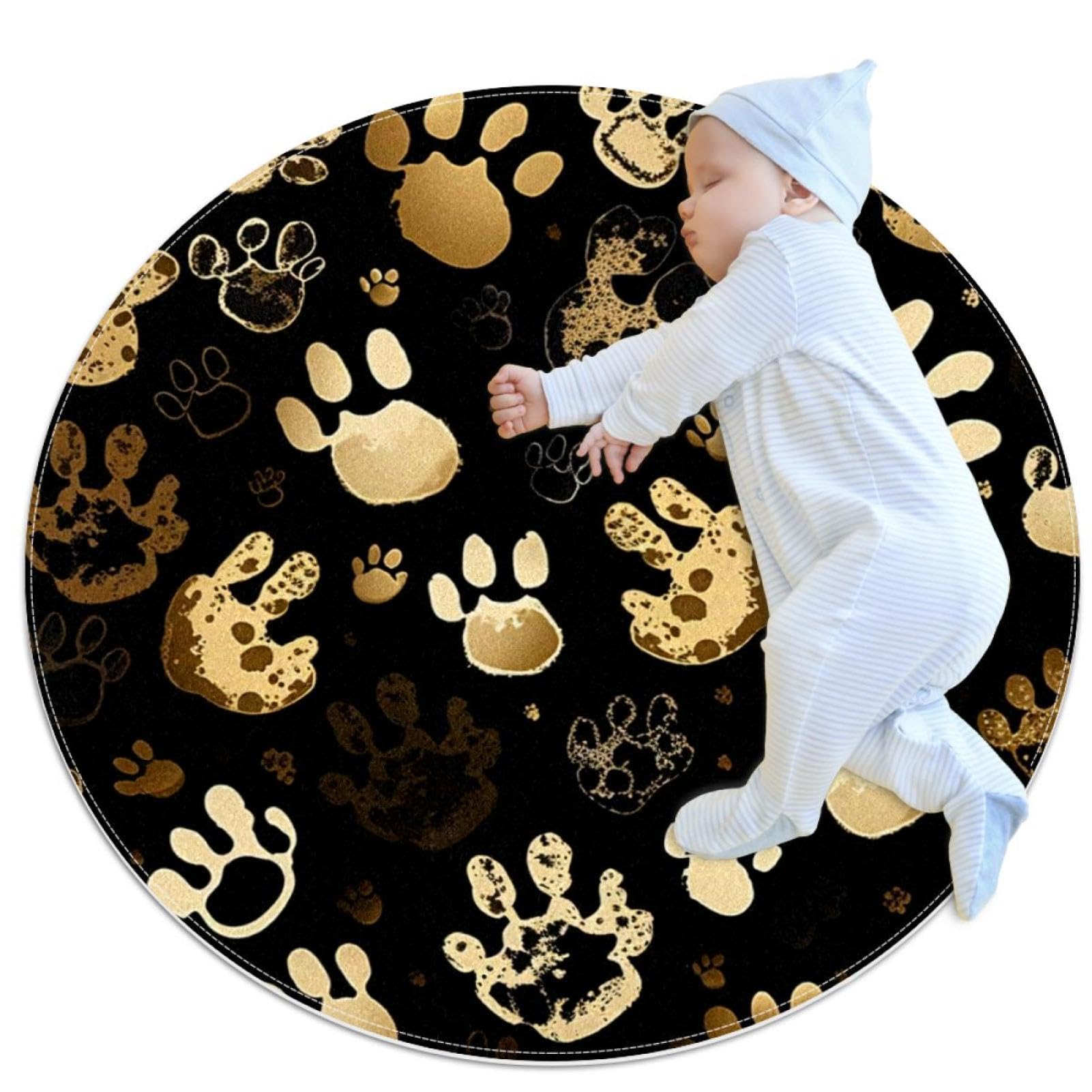 Tapis de salle de bain rond 1m antidérapant avec motif pattes dorées