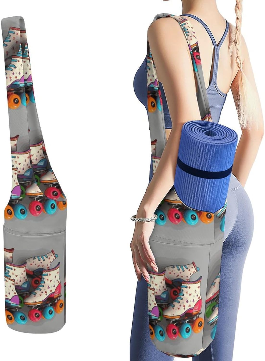 Retro Roller Skates Colorful Yoga Mat Bag, Durable Canvas Yoga Mat Storage Bag with Water Bottle Pocket And Bottom Wet Bag, Fits Most Size Yoga Mats