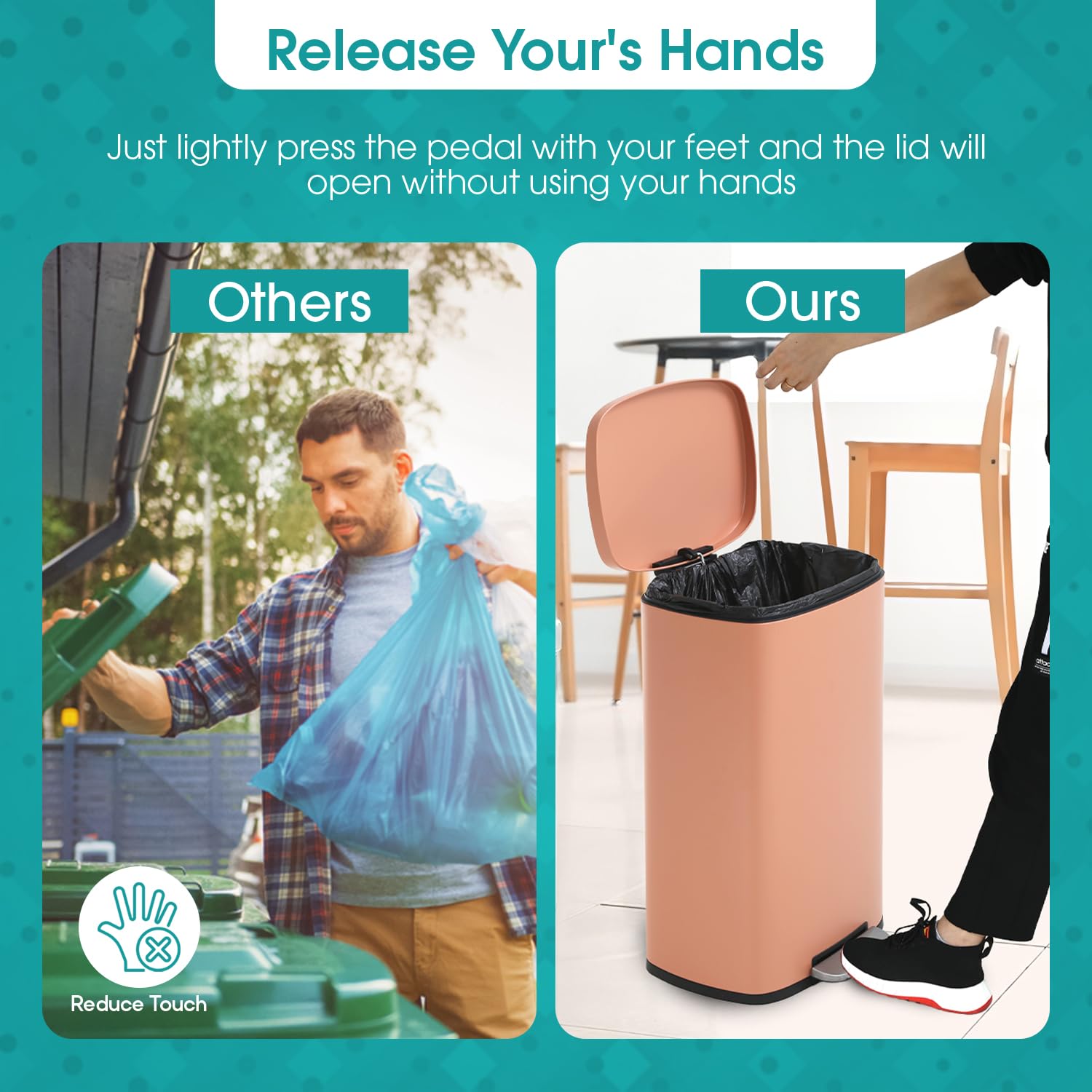 50 Liter/13 Gallon Kitchen Trash Can with Lid, Stainless Steel Trash Can with Foot Pedal and Plastic Inner Bucket,Fingerprint-Resistant Soft Close Lid Garbage Can,Odor Proof for Bathroom Kitchen,Pink