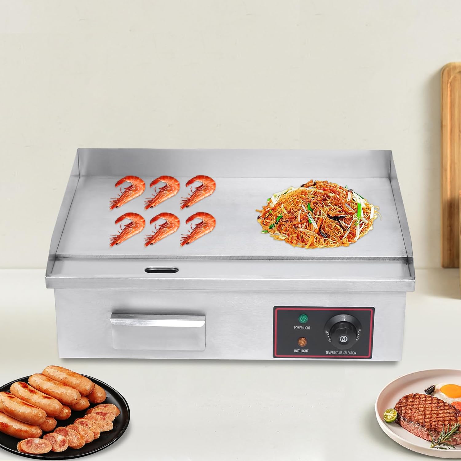 110V 1600W Commercial Electric Griddle, 21" Countertop Flat Top Grill 122-572℉Adjustable Tem, Stainless Steel Restaurant Grill for Home or Restaurant Kitchen