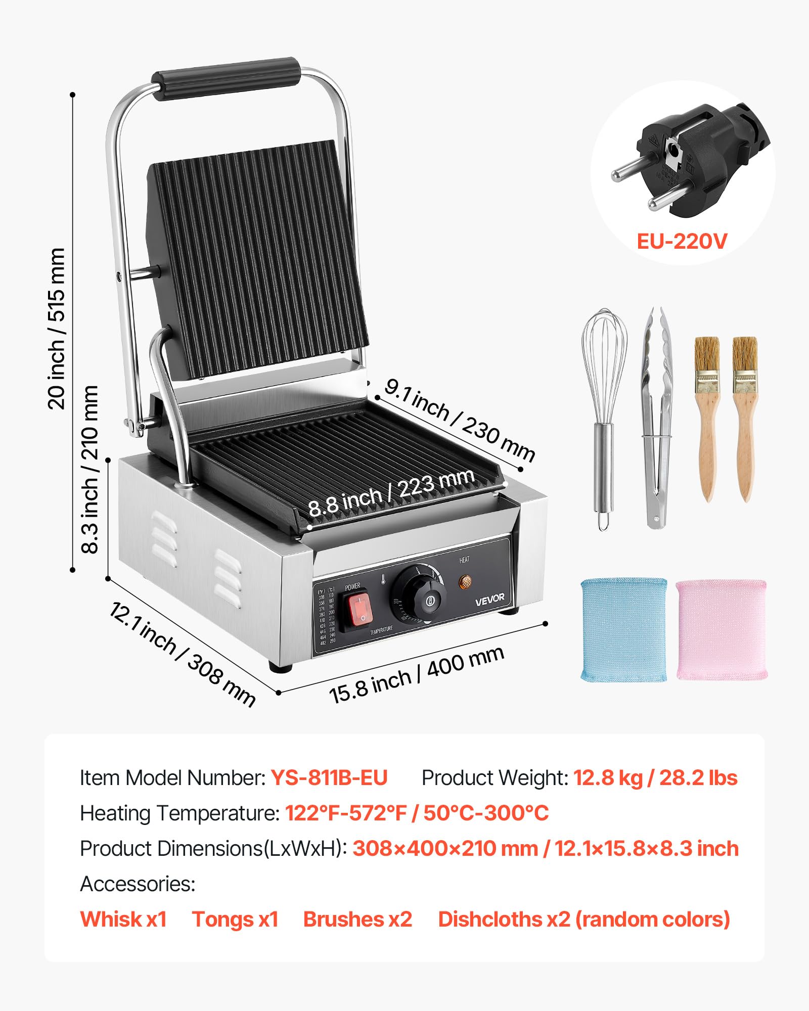 VEVOR Piastra Elettrica per Panini Professionale, 1800 W, in Acciaio Inox con Maniglia e Controllo della Temperatura, Piastra Smaltata Scanalata Piatta da 22 x 23 cm, per Bistecche, Pancetta