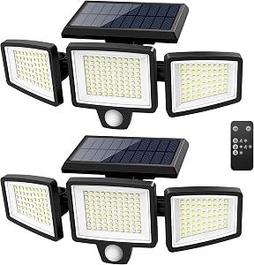 Solar Motion Sensor Outdoor Lights - 2500LM Bright LED Security Flood Light - Adjustable 3 Head Night Lighting Solar Powered IP65 Waterproof with Remote for Outside Garage Yard