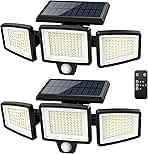 Tuffenough Solar Outdoor Lights 2500LM 210 LED Security Lights with Remote Control,3 Heads Motion Sensor Lights, IP65 Waterproof,270° Wide Angle Flood Wall Lights with 3 Modes(2 Packs)