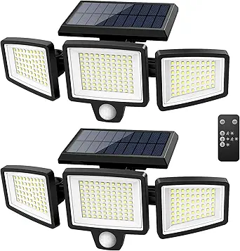 Tuffenough Solar Outdoor Lights 2500LM 210 LED Security Lights with Remote Control, 3 Heads, Motion Sensor, IP65 Waterproof, 270° Wide Angle Flood Wall Lights (2 Pack)