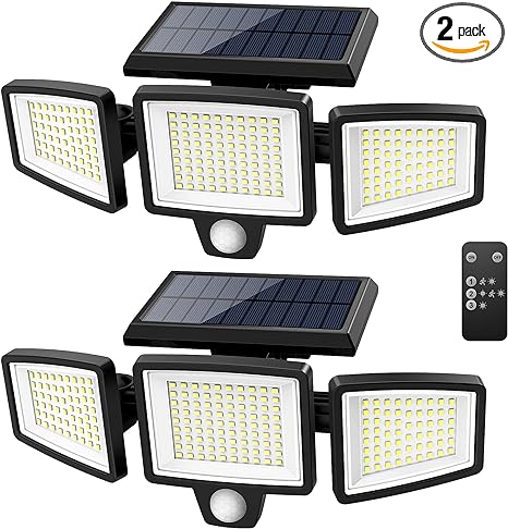 Tuffenough Solar Outdoor Lights 2500LM 210 LED Security Lights with Remote Control,3 Heads Motion Sensor Lights, IP65 Waterproof,270° Wide Angle Flood Wall Lights with 3 Modes(2 Packs)