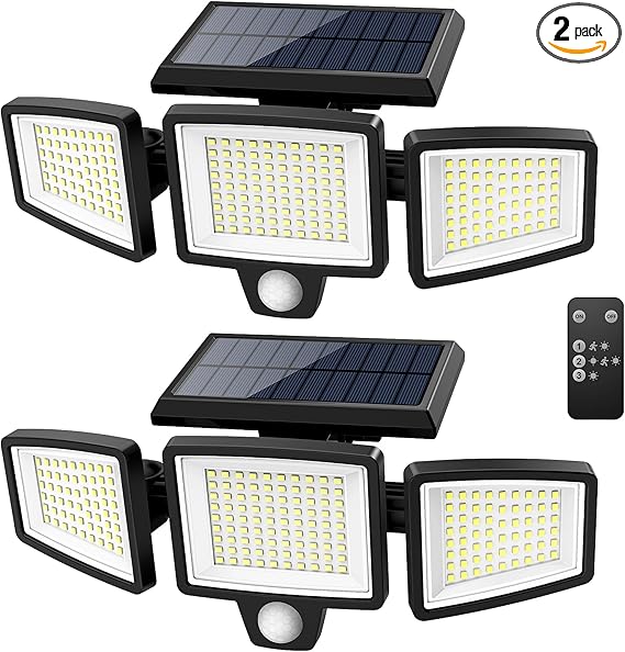 Tuffenough Solar Outdoor Lights 2500LM 210 LED Security Lights with Remote Control,3 Heads Motion Sensor Lights, IP65 Waterproof,270° Wide Angle Flood Wall Lights with 3 Modes(2 Packs)