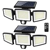 Solar Motion Sensor Outdoor Lights - 2500LM Bright LED Security Flood Light - Adjustable 3 Head Night Lighting Solar Powered IP65 Waterproof with Remote for Outside Garage Yard 2 Pack