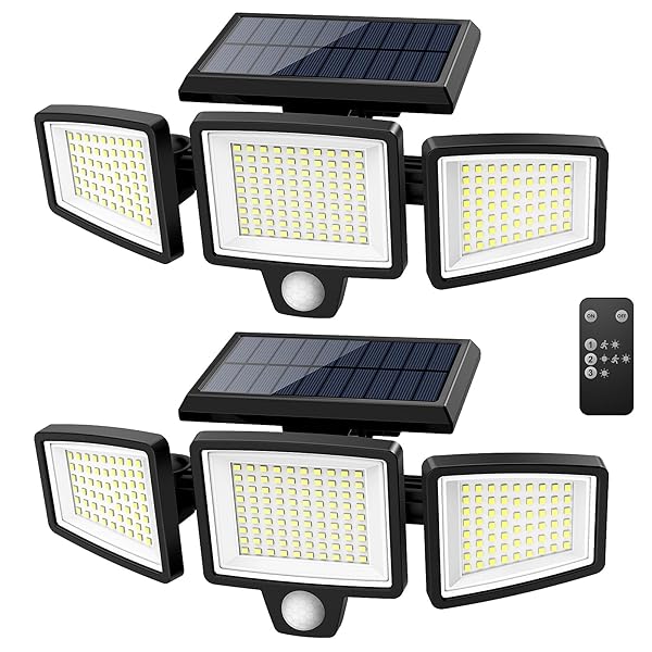 Tuffenough Solar Outdoor Lights 2500LM 210 LED Security Lights with Remote Control,3 Heads Motion Sensor Lights, IP65 Waterproof,270° Wide Angle Flood Wall Lights with 3 Modes(4 Packs)