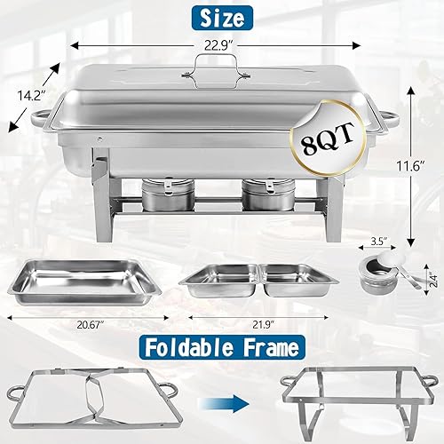 Miniatura 6 de Juego de 4 platos de buffet de acero inoxidable de 8 cuartos de galón y calentadores de alimentos con cubiertas para bufés de fiestas