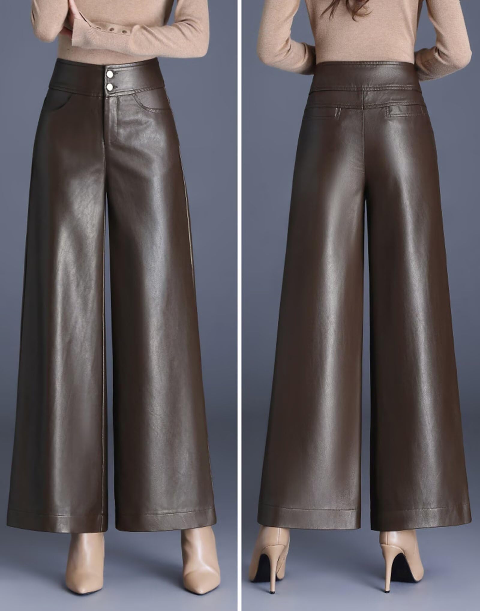 Pantalones de Cuero Mujer Pierna Ancha Cintura Alta Pantalón Elegante Mujer Moda