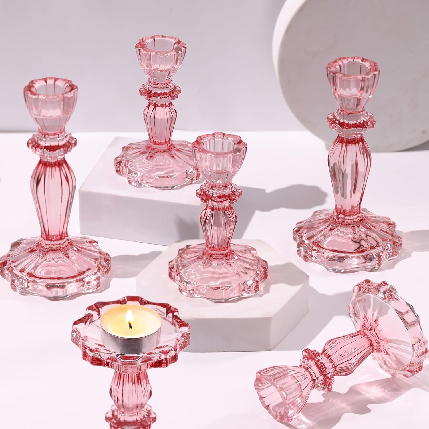 Green Candlestick Holders Set of 6, Taper Candle Holders, 4.3" H & 6.3" H Glass Candle Holder for Candlesticks & Pillar Candles, Candle Holder for Wedding and Dining Table Decor