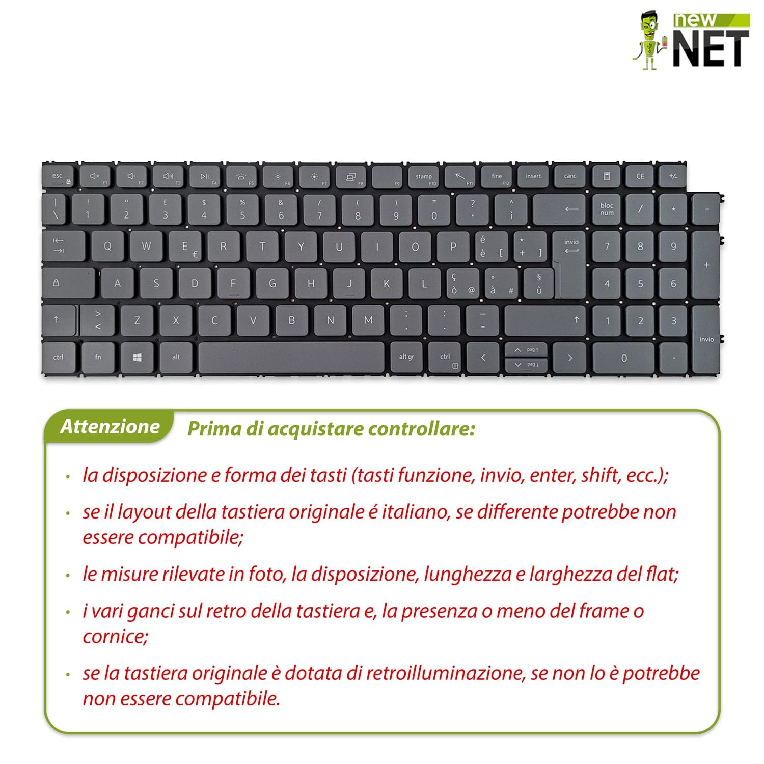 Tastiera compatibile per Notebook Dell Vostro 15 3510 3515 5510 5515 7510 16 7620 Latitude 3520 Retroilluminata Layout ITA Grigio