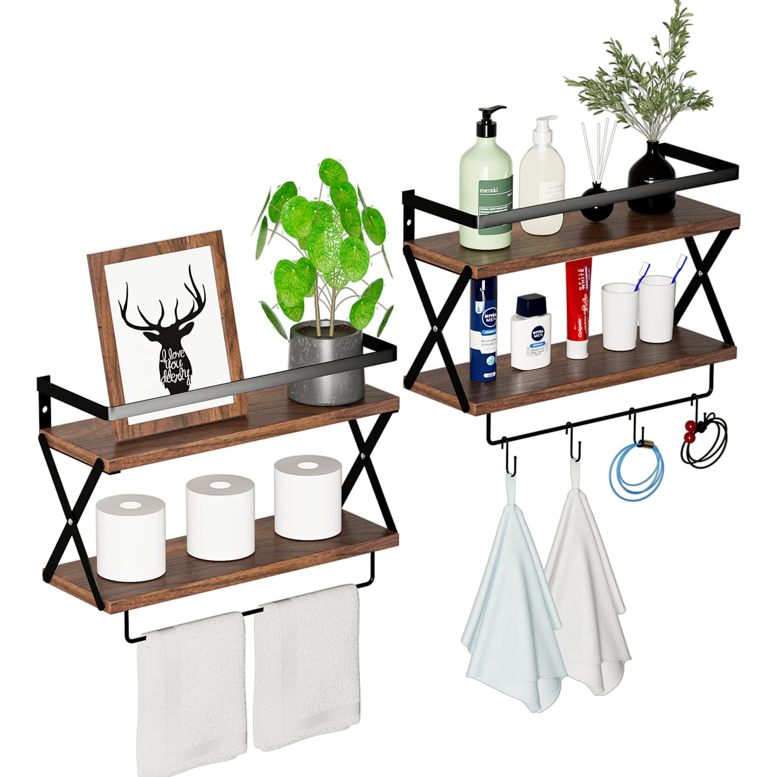 NeepiarFloating Shelves Bathroom Wall Shelf with Towel Bar Wall Shelves for Kitchen Living Room Bedroom Rustic Wood Wall Shelf with Protective Metal Guardrail Tissue Rack - Set of 2