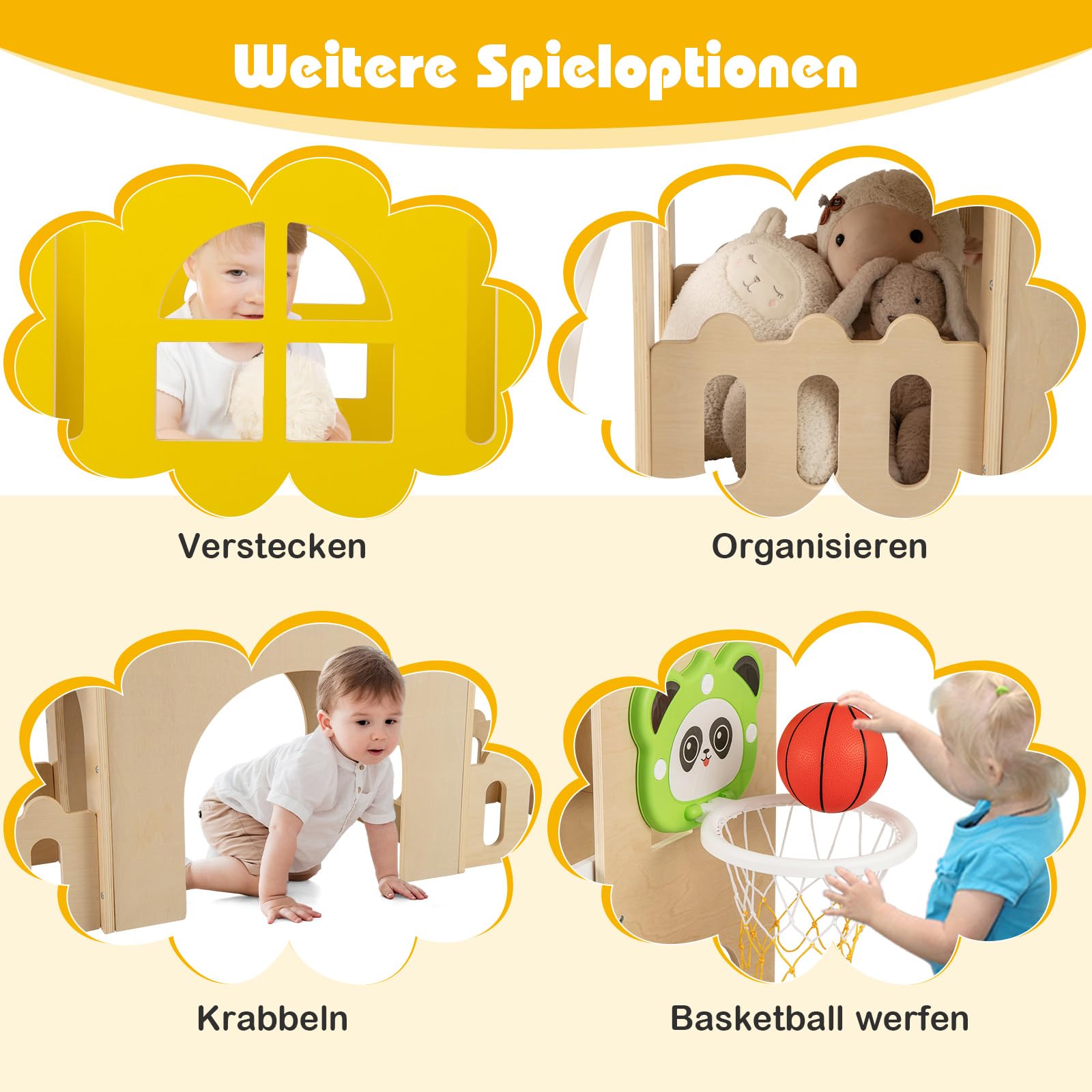 DREAMADE 7-in-1 Kinderrutsche Holz, Kinder Rutsche mit Basketballkorb & Kletterleiter, Klettergerüst Indoor mit Gucklochfenster, Tunnel & Stauraum, Spielplatz, Gartenrutsche für Kinder ab 3 Jahren