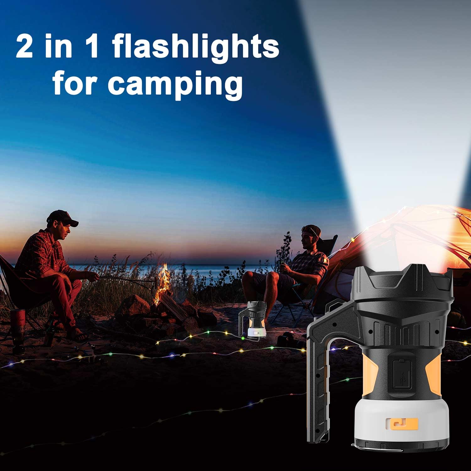 Luz de Búsqueda de Camping Recargable Linterna LED 2 en 1 para Emergencias (1000 lm), Capacidad de 2400 mAh, Batería de Iones de Litio, Patio y al Aire Libre, Camping, Senderismo y Cortes de
