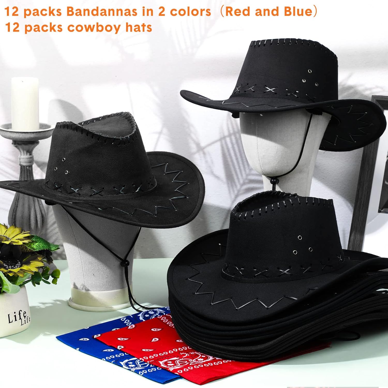 Zhanmai 24 Pcs Cowboy Hats and Bandanas Bulk Western Party Cowboy Hats Party Halloween Costume Accessories - Image 3