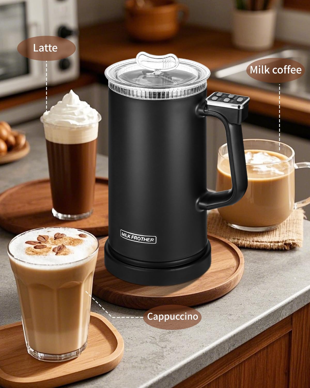 Spieniania Mleka,600ML Spieniacz do Mleka ma Pojemność 4 w 1 Spieniacz do Mleka Spieniacza Można Automatyczne Podgrzej Mleko do Cappuccino, Frappe, Matcha, GorąCej Czekolady, Czarny