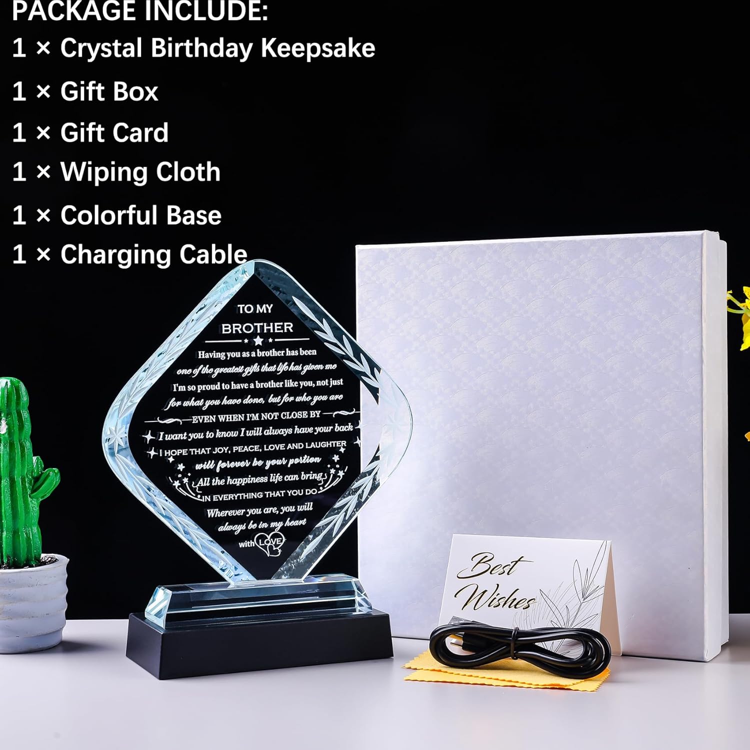 Meaningful Gifts for Brother with Light Base Brother Birthday Gifts from Sisters Brothers Laser Engraved Crystal Keepsake for Fathers Day Christmas Graduation Best Gift for Brother Adult - Image 6