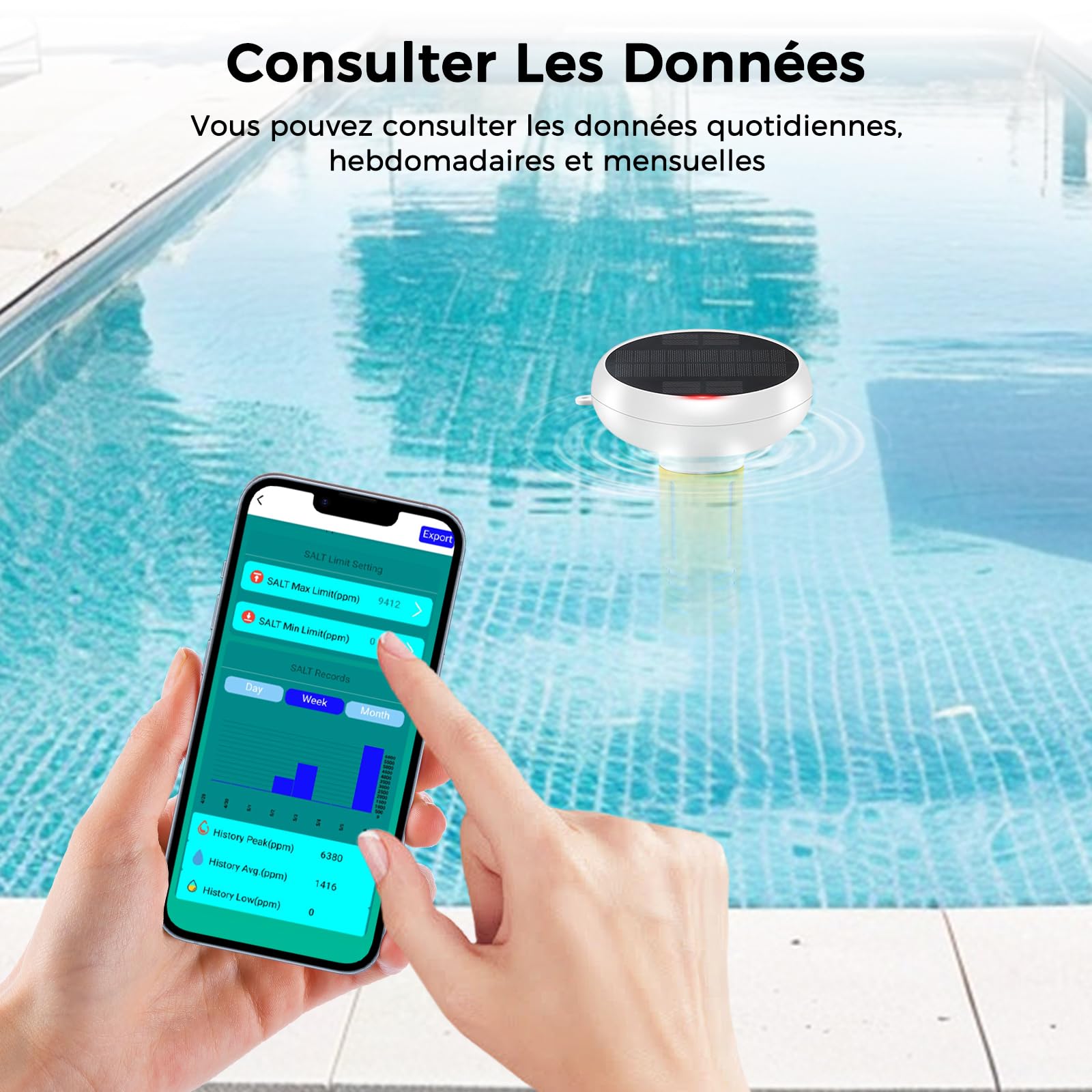 Thermomètre de piscine flottant 7 en 1 à énergie solaire pour moniteur de qualité de l'eau Tuya, pH de piscine, salinité, CL, PH, sel, ORP, conductivité électrique, moniteur de température, testeur