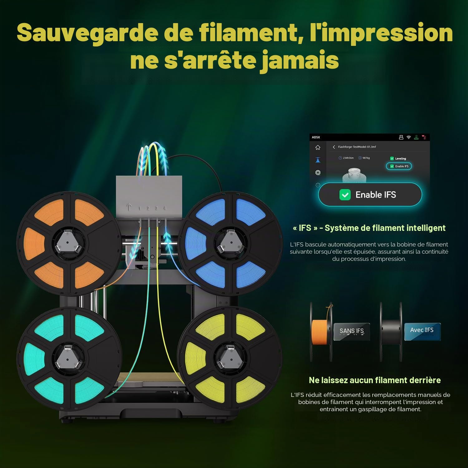 FLASHFORGE AD5X Imprimante 3D multi-matériaux, multicolore, vitesse 600 mm/s, impression en 1 clic, créations IFS, calibrage automatique, sauvegarde filaments