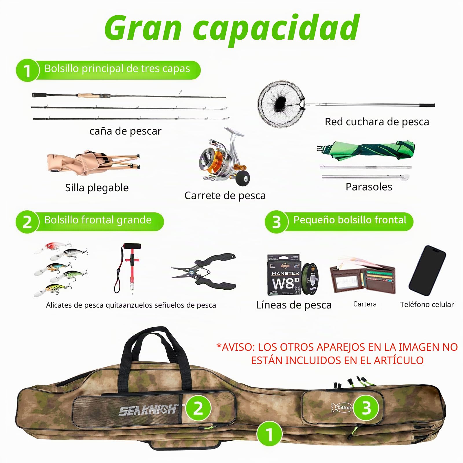 Bolsa portátil y plegable Seaknight para caña de pescar, juego de pesca al aire libre, funda de almacenamiento para aparejos, 135 cm/150 cm, 150 cm