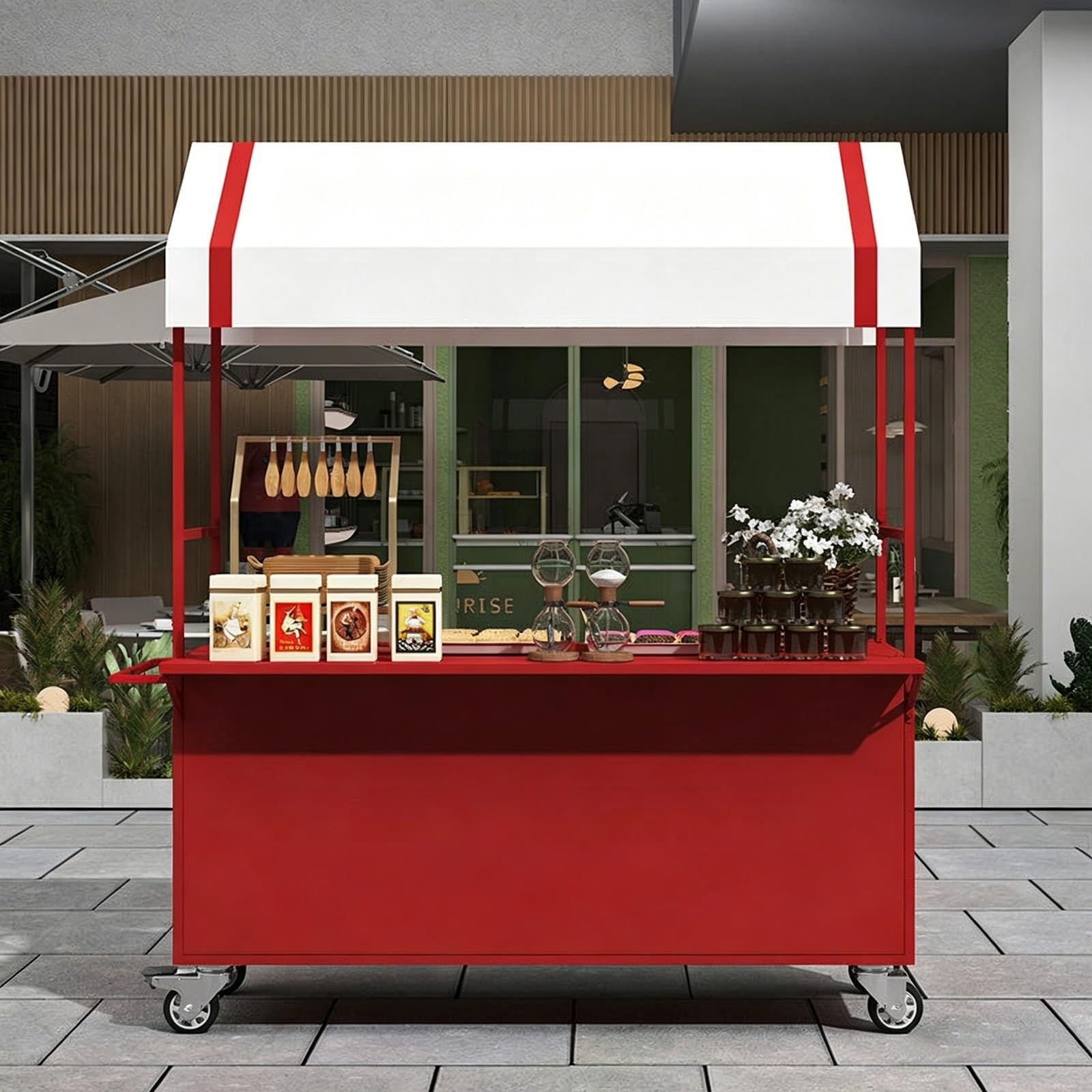Carrito de Venta Ambulante con Superficie Extensible, Carro de Comida Exterior con Toldo y Gran Almacenamiento(Red,L 120CM/47.2IN)
