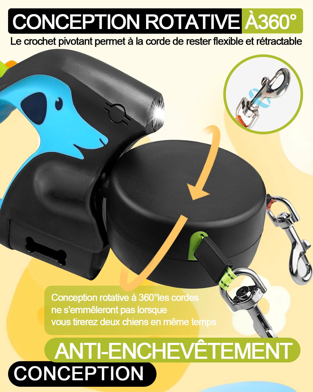 Laisse Double pour Chien Rétractable 3m, Rotation 360°, Promenade Facile pour 2 Chiens de Petite et Moyenne Taille, Poignée Antidérapante, Anti-Nœuds, LED et Distributeur de Sacs à Déchets, Bleu