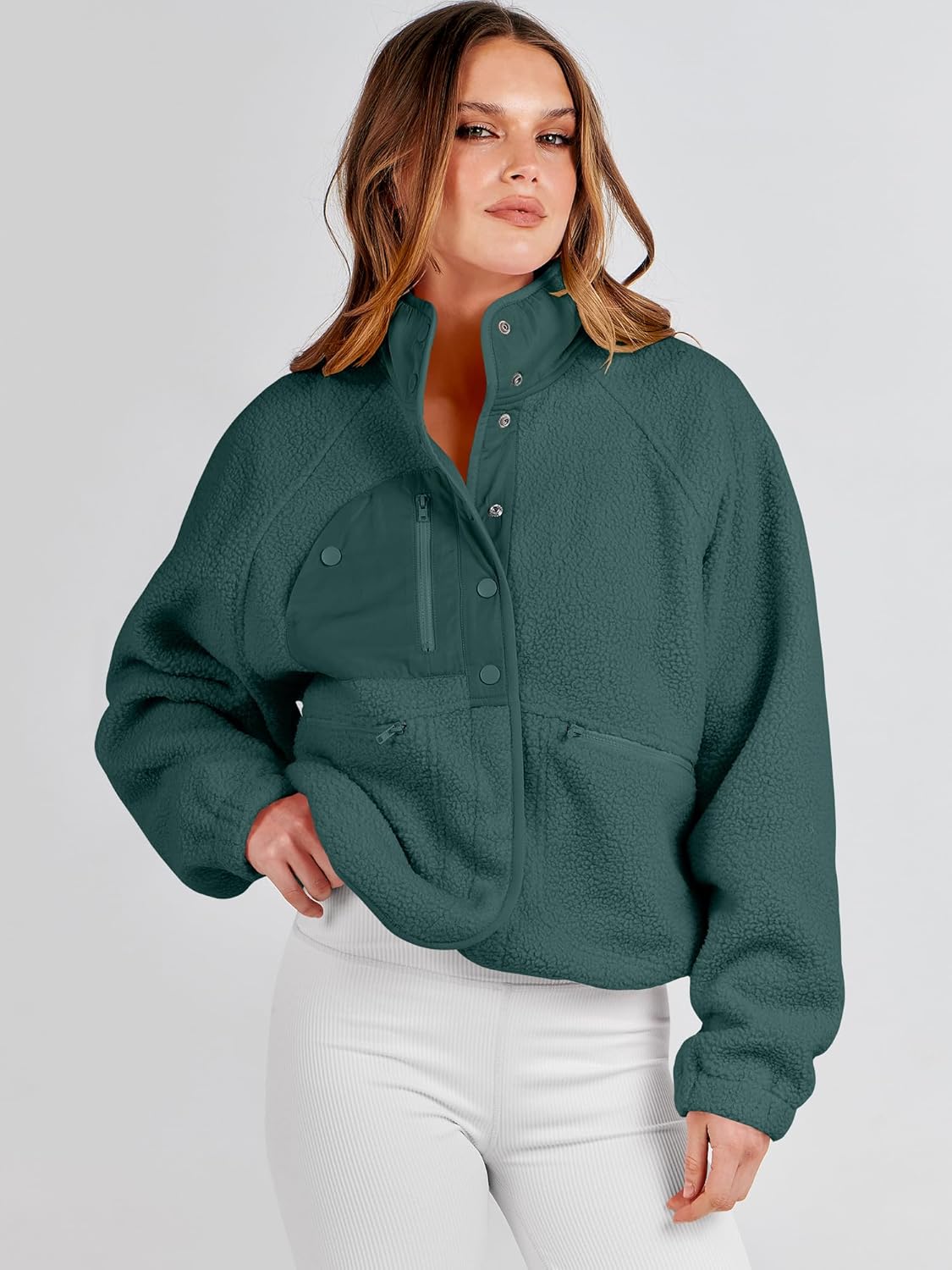 ANRABESS Womens Fuzzy Fleece Jacket Fall Casual Long Sleeve Cropped Sherpa Button Down Shacket Coats Outwear With Pockets - Image 9