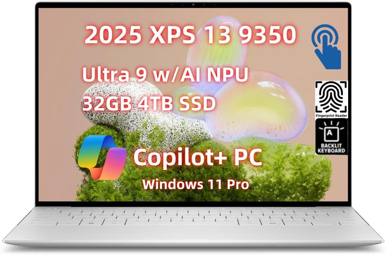 NewDell XPS 13 9350 Business Laptop, Copilot+ AI PC (13.4" 2.5K Touch 120Hz InfinityEdge, Core Ultra 9 w/AI NPU, 32GB RAM, 4TB SSD), Backlit KB, Light & Thin, Wi-Fi7, 27Hr Battery Life, Win 11 Pro