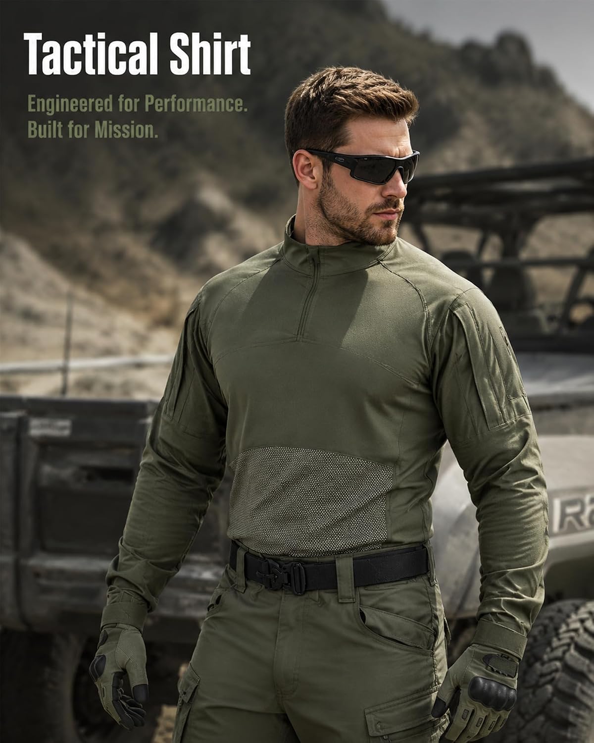 Men's Tactical Long Sleeve Combat Shirt 1/4 Zip Cotton Knitted Top | Lightweight Slim Fit Breathable Military Army Shirt|Outdoor Hiking Fishing Airsoft Paintball|Elbow Protection