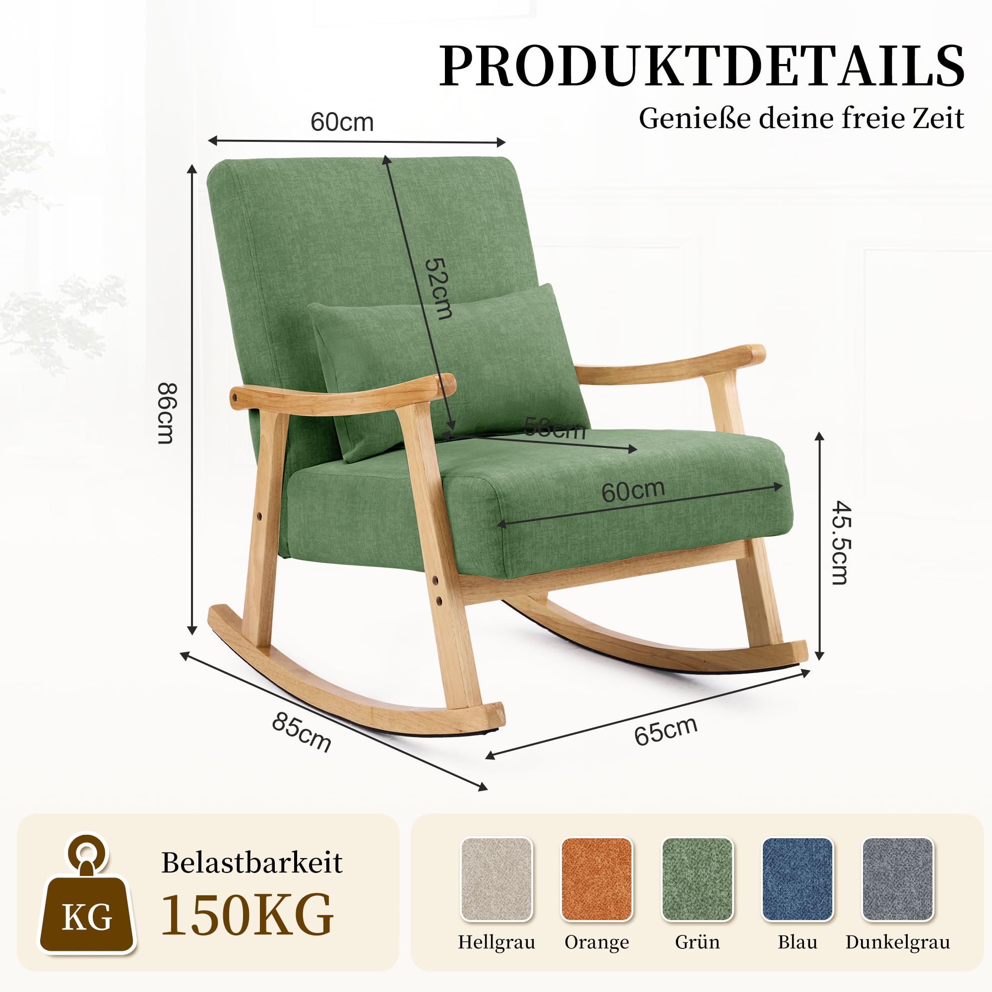 Mid-Century Modern Schaukelstuhl, Schaukelsessel mit Lendenkissen, Gepolsterter Stillsessel mit Holzarmlehnen & Holzbeinen, Bequemer Sessel für Wohnzimmer, Schlafzimmer & Babyzimmer, Grün