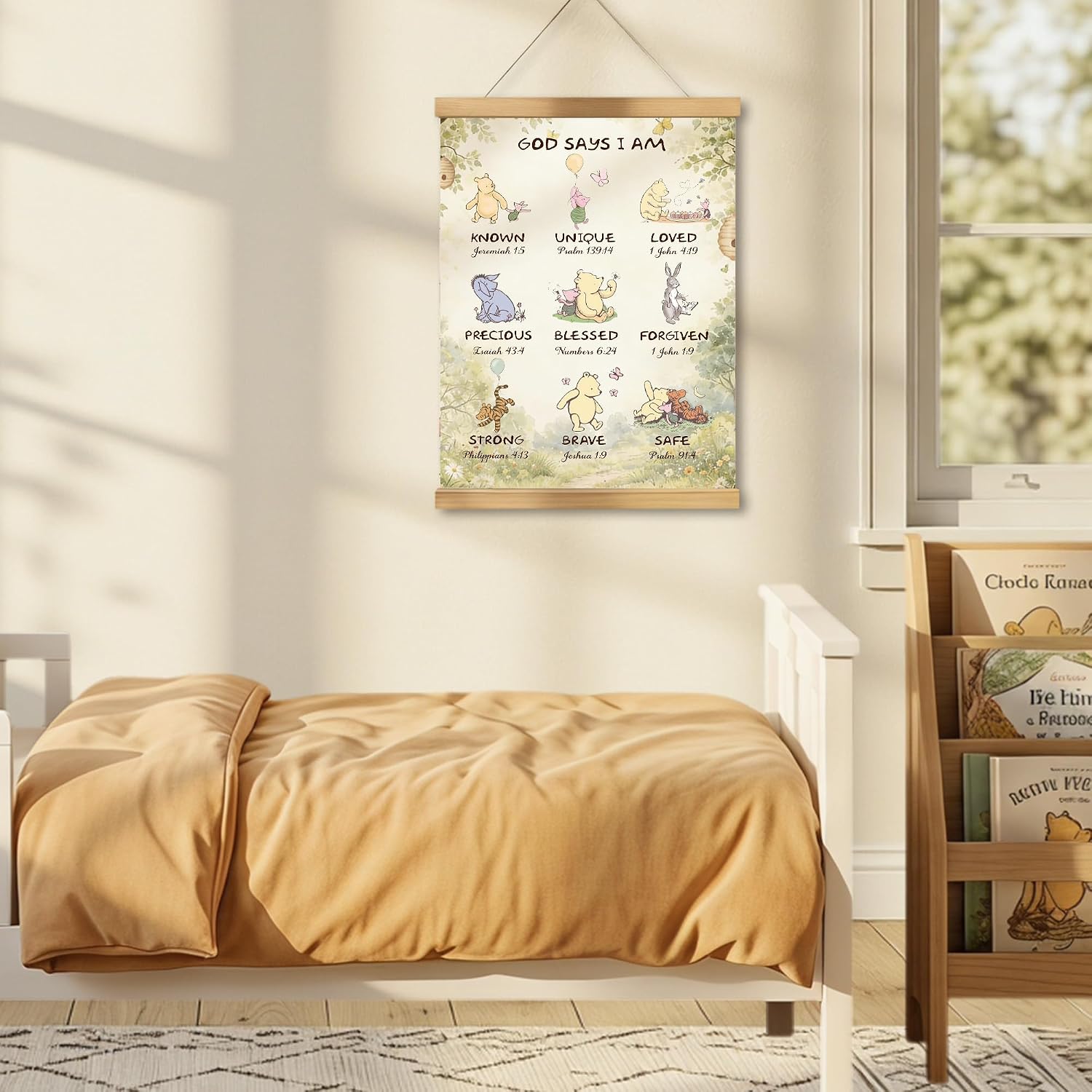 WUAWN God Says I Am Winnie The Pooh Room Decor，Biblical Affirmations for Kids Wall Art,Winnie The Pooh Baby Decorations for Nursery,Wooden Hanging Rod Religious Gifts-03