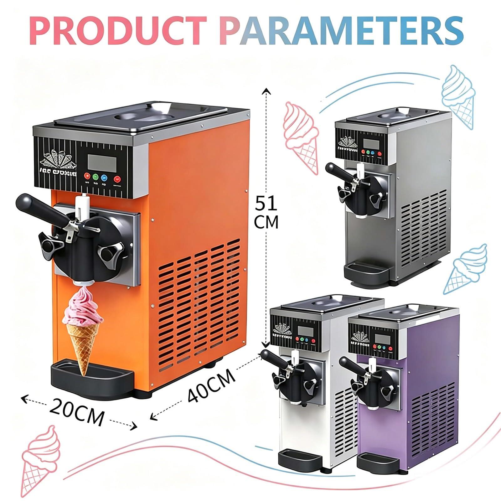 Macchina per gelato da 450 W, macchina morbida per supermercati e panetterie, attrezzatura da tavolo con schermo LCD, pulizia automatica, capacità 2,5 l, sapore singolo