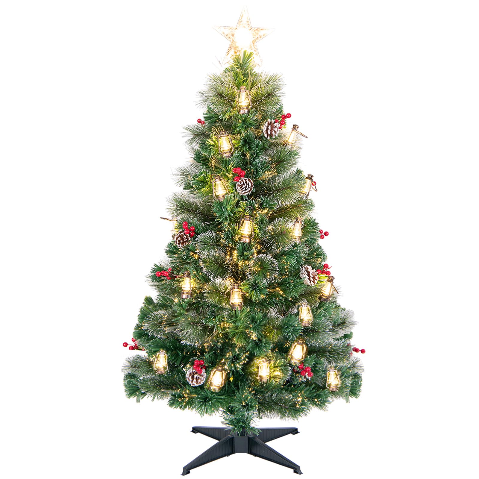 CVHfhjTG christmas tree, With 8 Modes, Warm White LED Lights, Pine Needles, Cones, Red Berries & Kerosene Lamps(5FT)