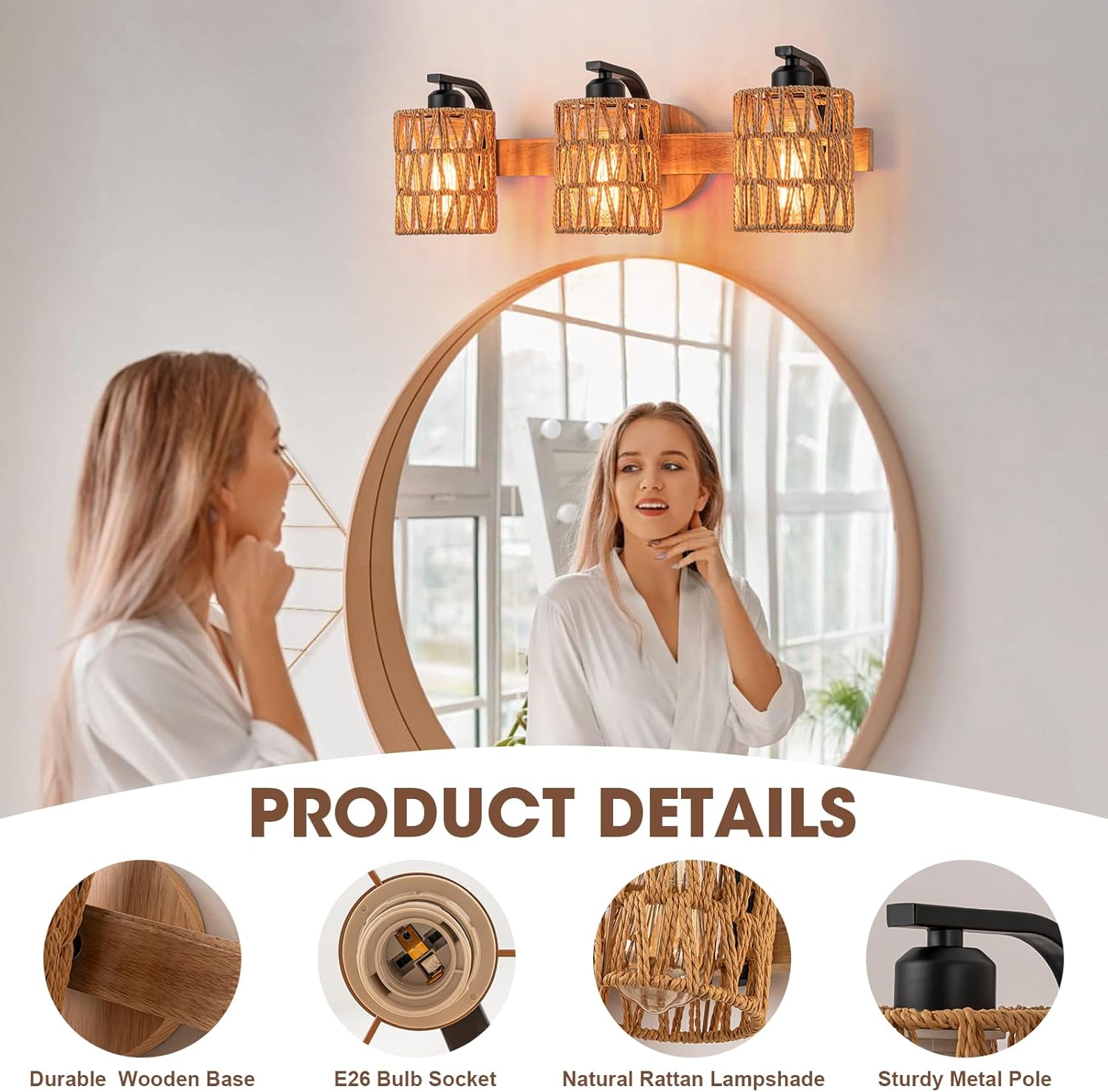 Boho Vanity Light Fixtures,Bathroom Lights Over Mirror,Rustic Rattan Wall Sconce with Woven Cage,3-Light Boho Wall Mounted Light Wooden Farmhouse Vanity Lighting for Bedroom Hallway Living Room Foyer