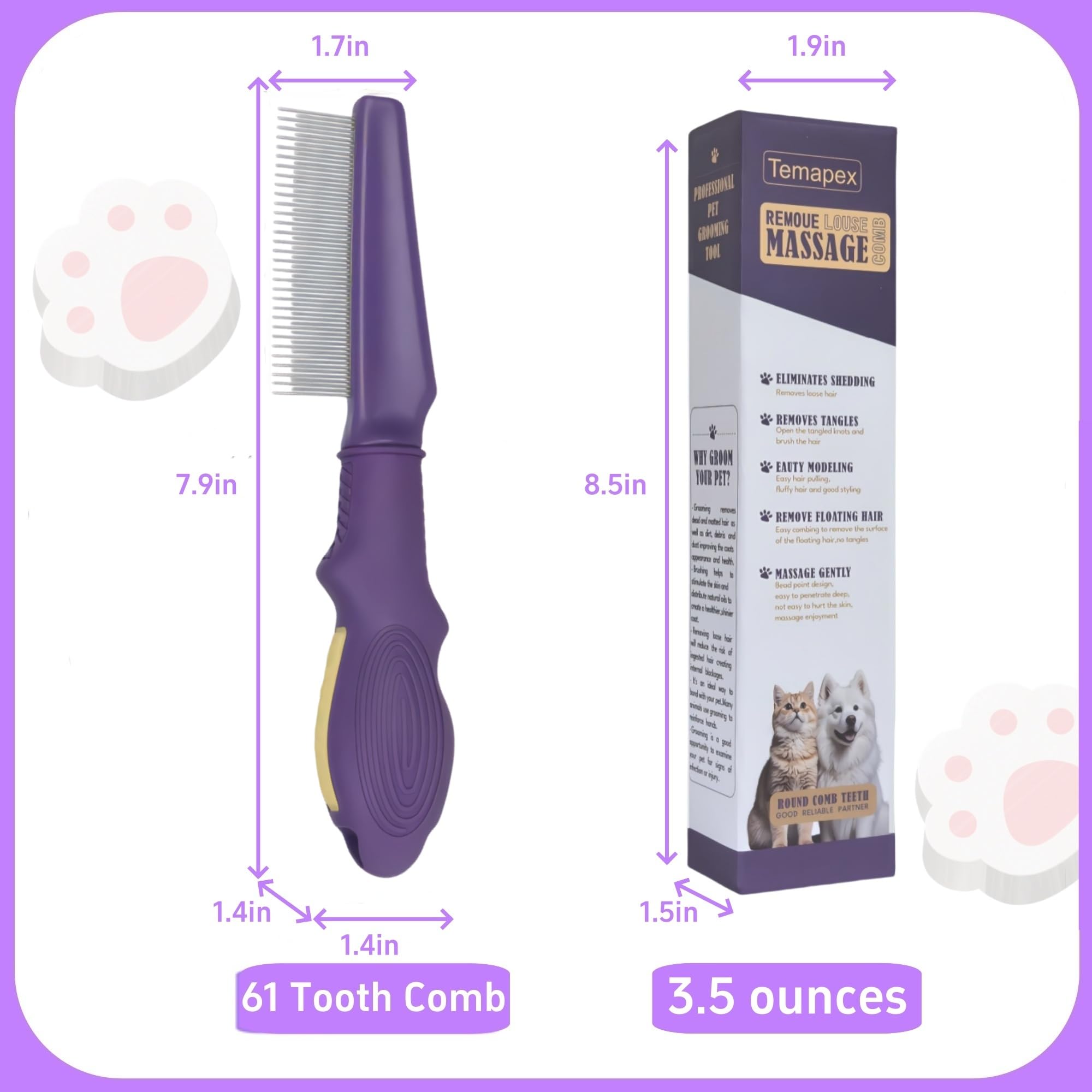 Haustierkamm für Hunde und Katzen, mit langen und kurzen Edelstahl-Metallzähnen für Haarausfall und Verfilzungen, rutschfester und antistatischer Gummigriff, sicherer und sanfter Fellpflegekamm