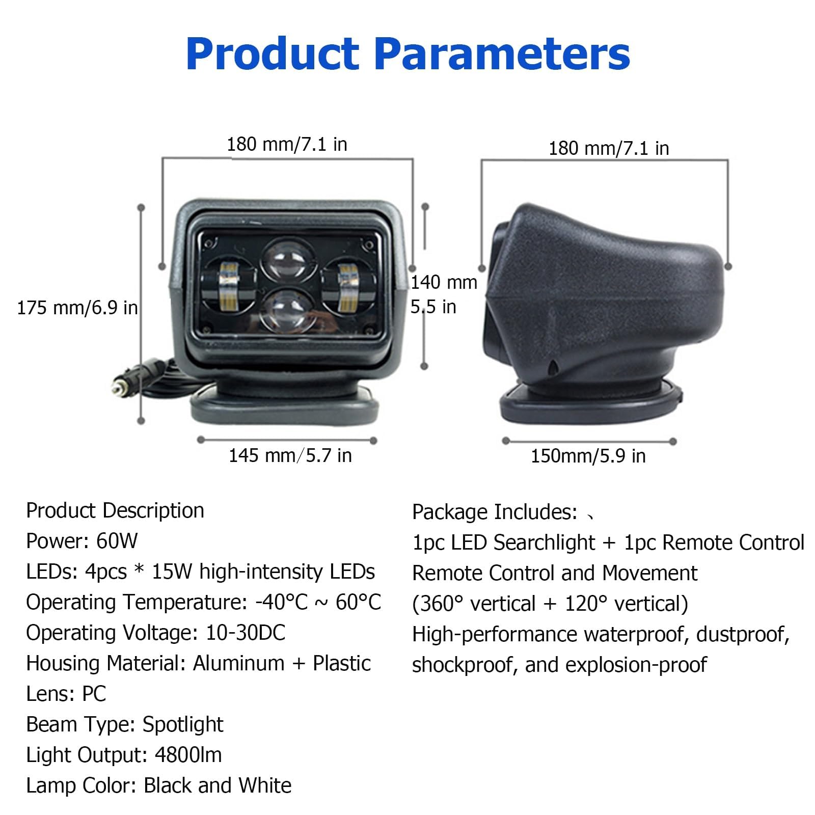 Reflektor Led 60 W, Zdalnie Sterowany, Z Mocną Podstawą Magnetyczną, Wodoodporny Ip65, Obracany O 137° W Pionie I 380° W Poziomie, Do Samochodów Ciężarowych, Terenowych, Suv-ów, Morskich