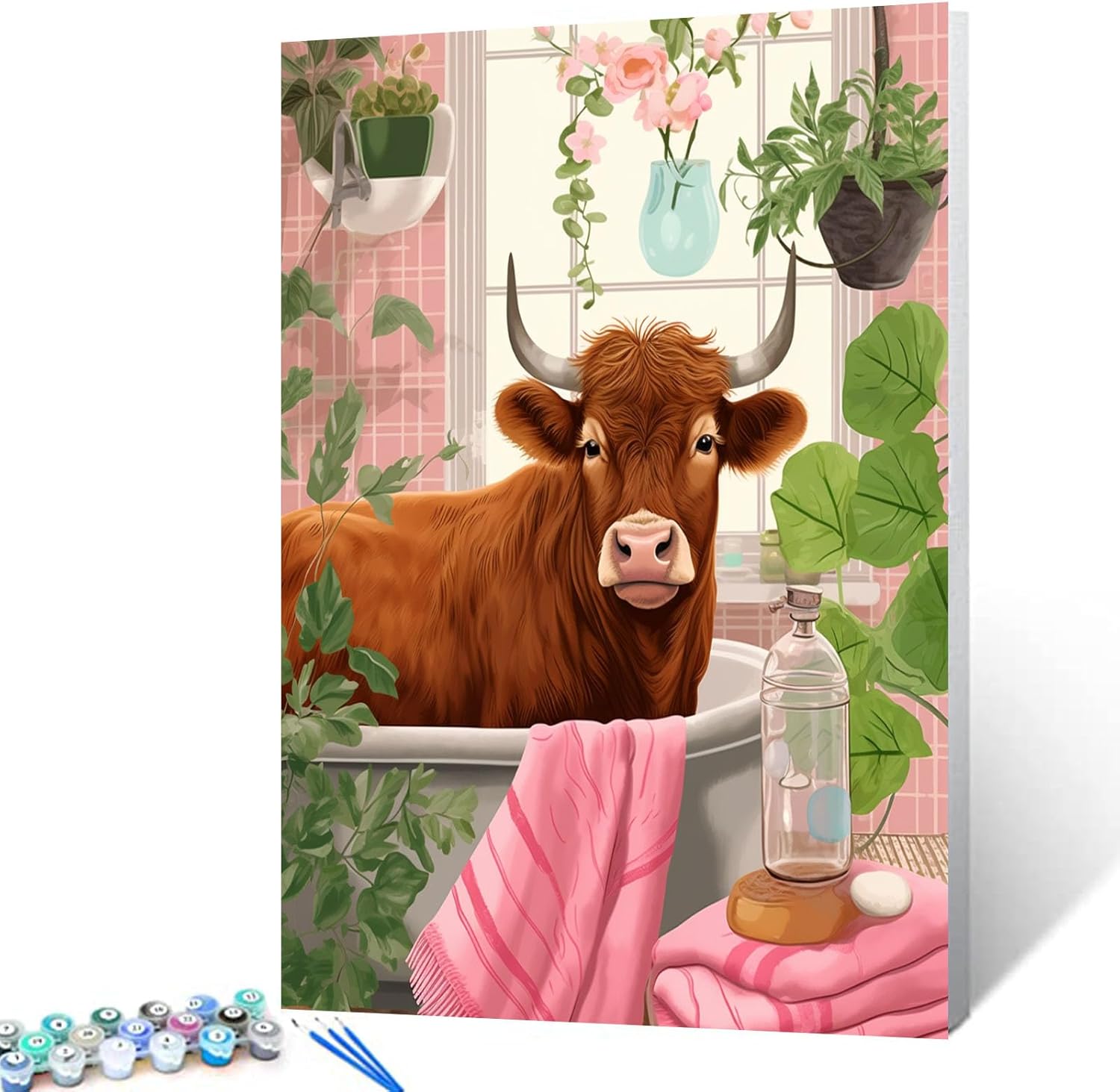 Bathtub Jungle Animal Paint By Bumbers For Adults Beginner Bathroom Pink Flamingo DIY Paint by Numbers Acrylic Paint Canvas Pink Bedroom Decor Painting Kits Pink House Art 16x20 Inch（DIY Frame ）