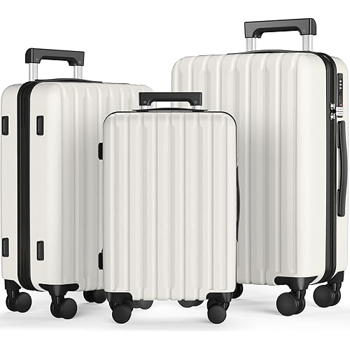SHOWKOO Luggage Sets 3 Piece 100% PC Ultra Tough Hardside Expandable Suitcases Sets with TSA Lock Double Spinner Wheels (20in/24in/28in, White