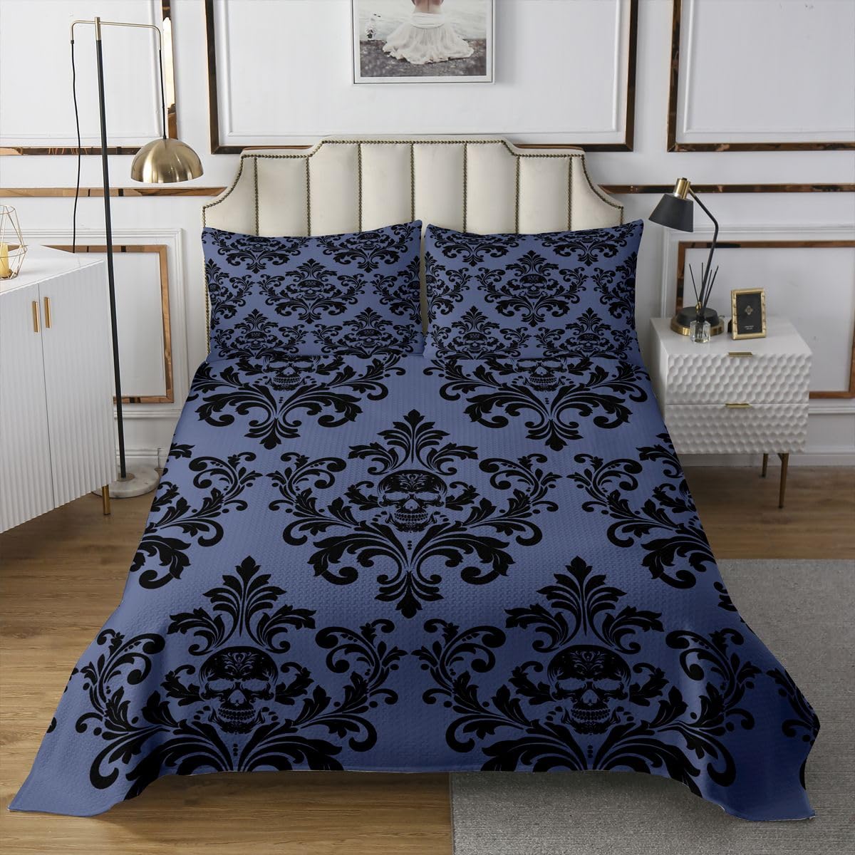 Gotycka czaszka, narzuta na poduszkę, egzotyczna, antyczna, wiktoriańska, barokowa, dla dzieci, nastolatków, w stylu boho, damask, kwiaty, zestaw pościeli, rozmiar S