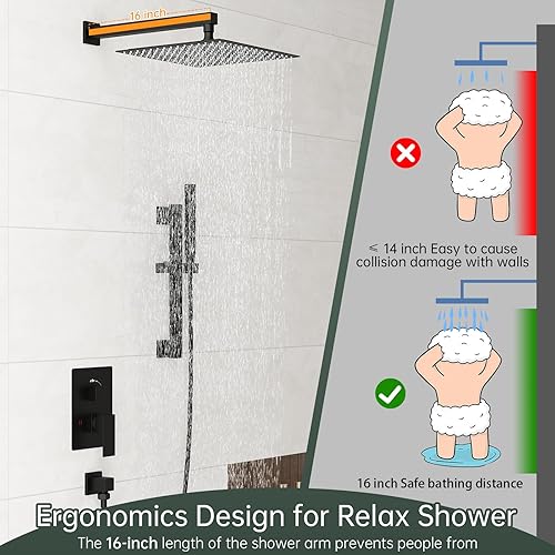 Miniatura 7 de Hoimpro Sistema de ducha negro mate de 12 pulgadas con barra deslizante ajustable, cabezal de ducha de lluvia cuadrado y varita montado en la pared,