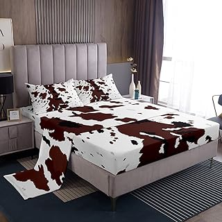 Erosebridal Cow SheetÂ Set White Brown Black Cowhide Sheets for Teenagers Adults, Rustic Wildlife Fur BedÂ SheetsÂ Set Farmhouse Animal Skin Flat Fitted Sheet King Size with 2 Pillowcases, 4 Pcs