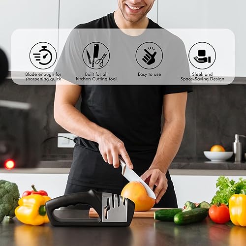Miniatura 4 de HOTEC Afilador de cuchillos 4 en 1, afilador manual de 3 etapas para afilar cuchillos de cocina, 1 etapa para tijeras, piedra de cerámica, placas de