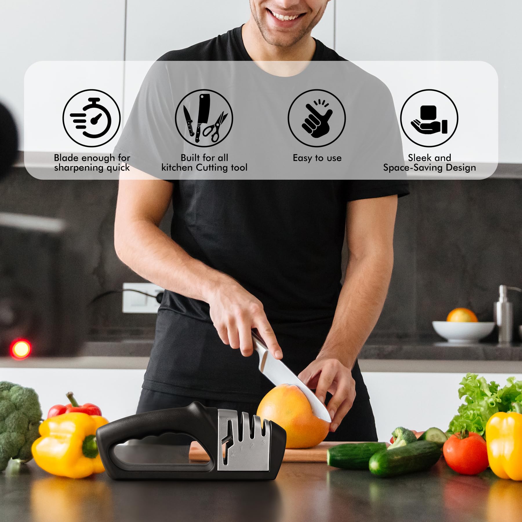 HOTEC Afilador de cuchillos 4 en 1, afilador manual de 3 etapas para afilar cuchillos de cocina, 1 etapa para tijeras, piedra de cerámica, placas de carburo de tungsteno, varillas de diamante