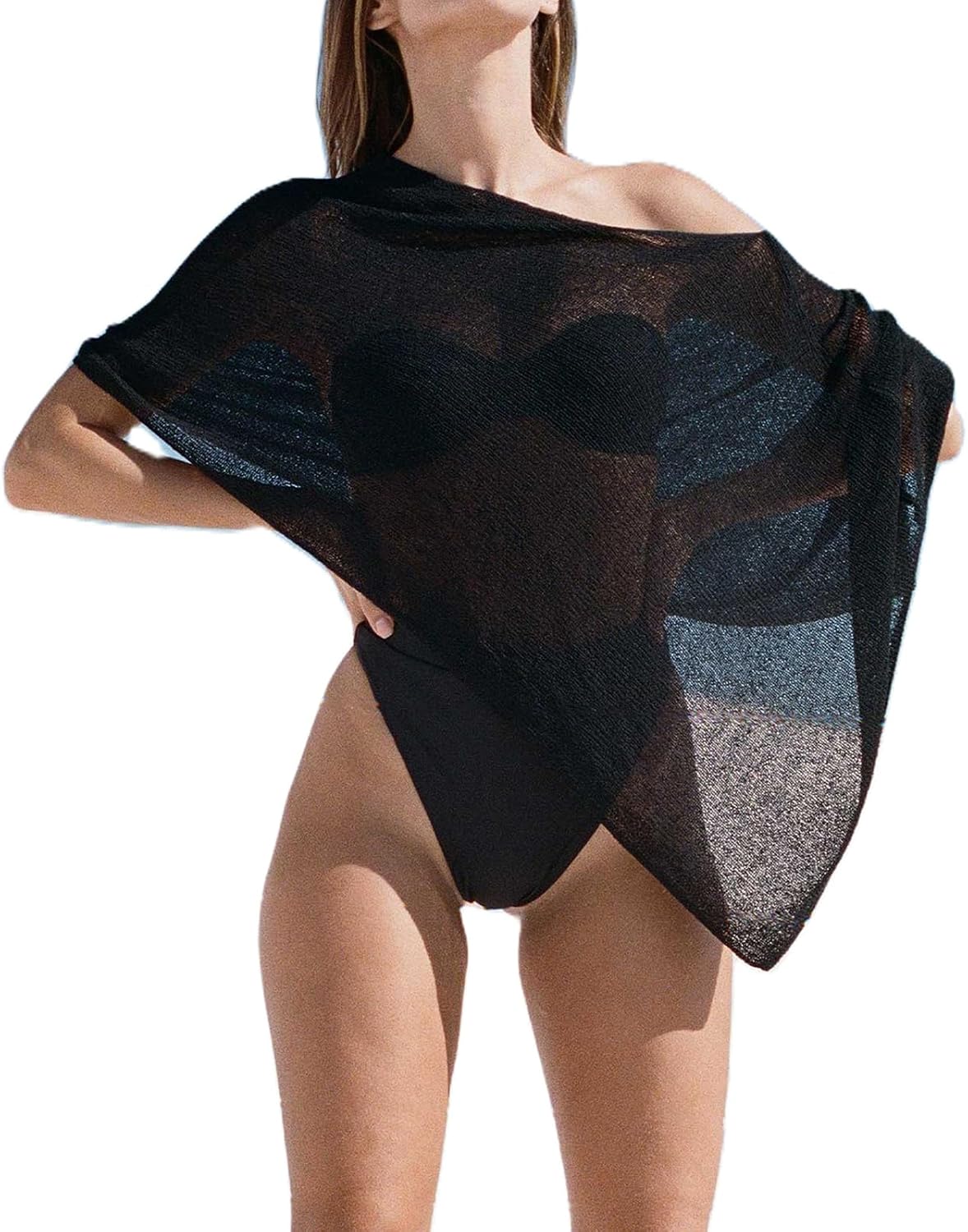 RUEWEY Womens Sheer Cover Ups Lightweight Crochet Knit Mesh Shrug Drop Shoulder Batwing Sleeve Boho Poncho Tops Beachwear image 2