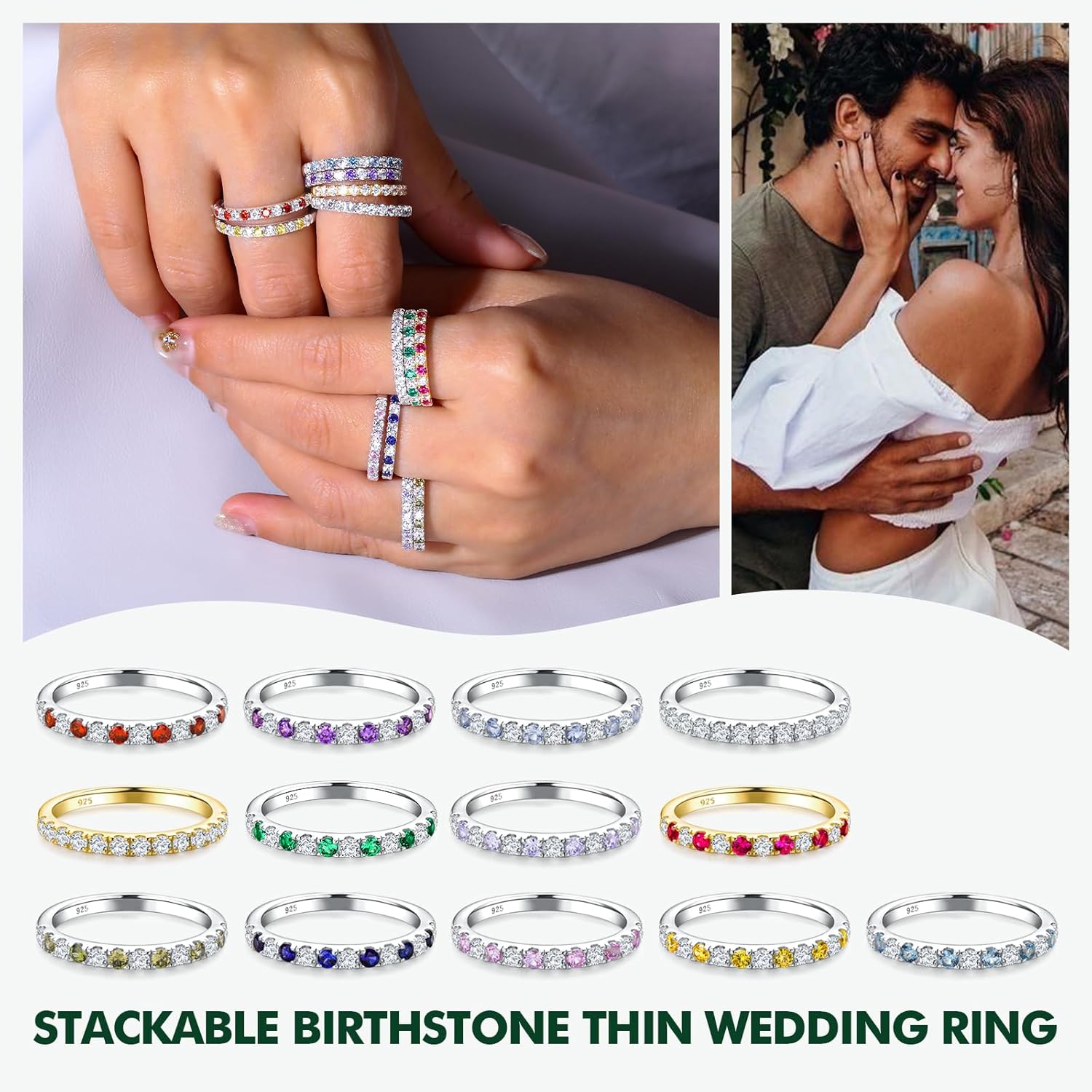 Birthstone Rings Eternity Band 925 Sterling Silver/Yellow Gold-Plated Created Gemstone Stackable Wedding Band 2.7mm Thin Half Eternity Rings for Women Size 6 to 10 - Image 3